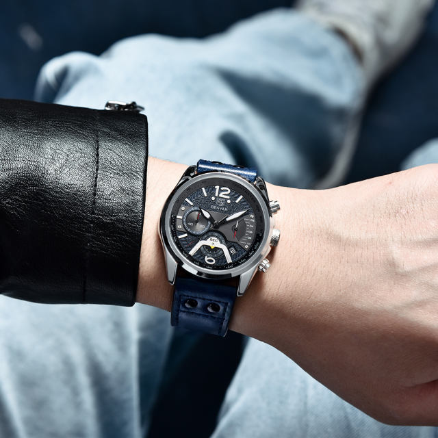 BENYAR Men's Quartz Watches Genuine Leather Sports Wrist Watch for Men Waterproof