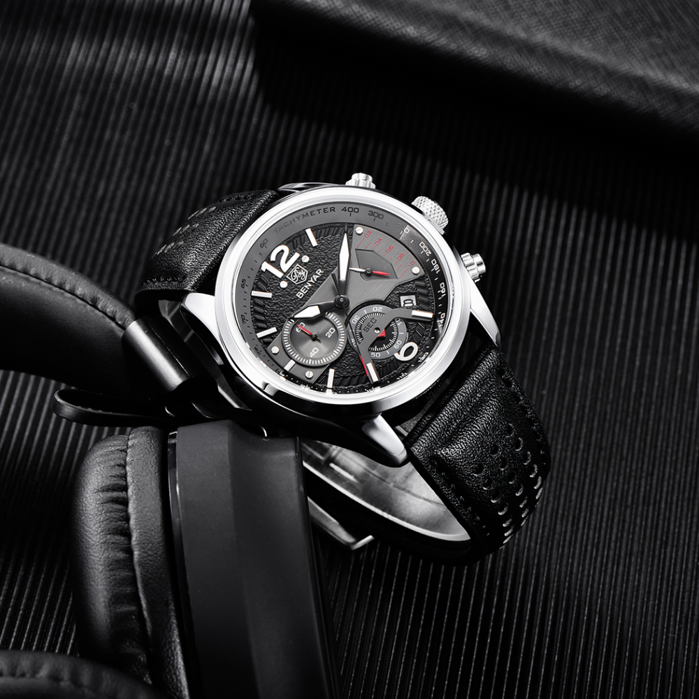 BENYAR Men's Quartz Watches Genuine Leather Sports Wrist Watch for Men Waterproof