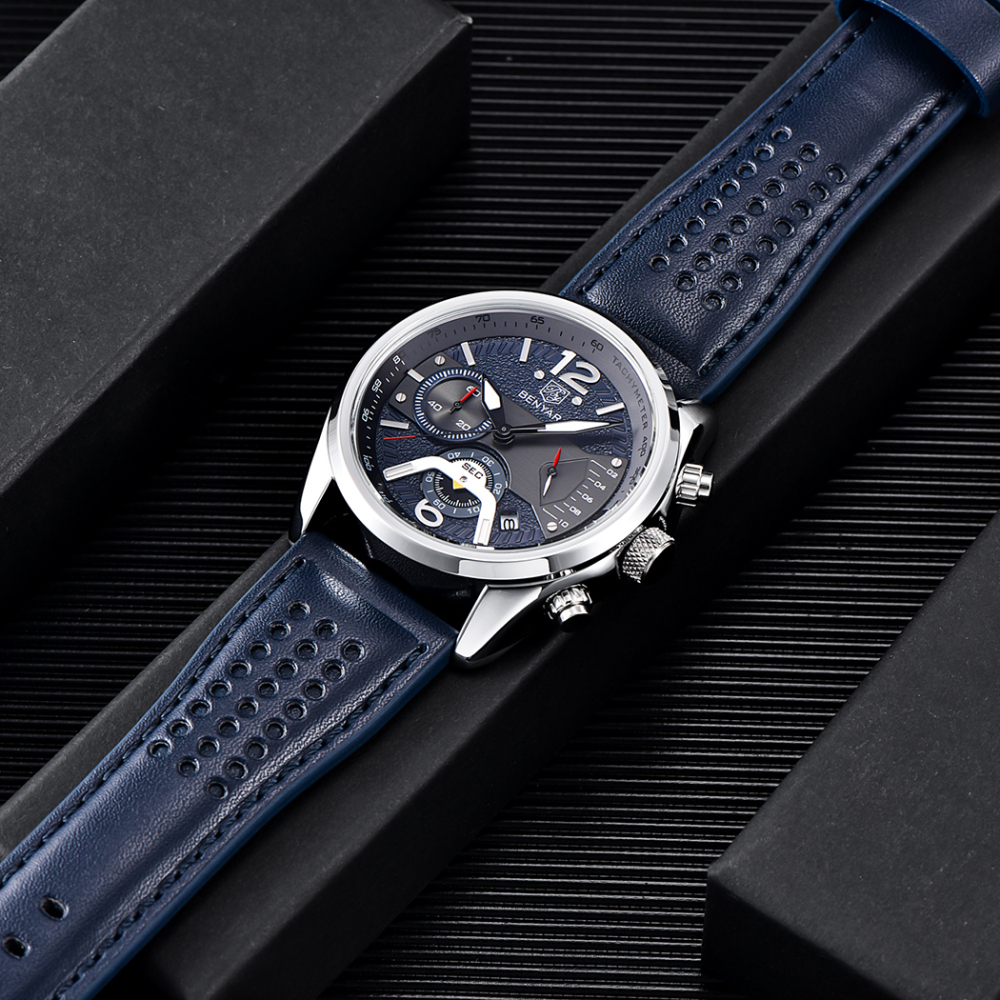 BENYAR Men's Quartz Watches Genuine Leather Sports Wrist Watch for Men Waterproof