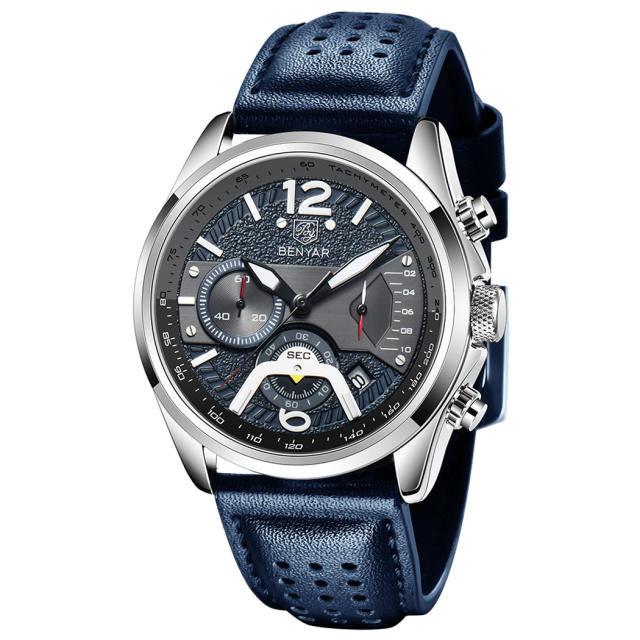 BENYAR Men's Quartz Watches Genuine Leather Sports Wrist Watch for Men Waterproof