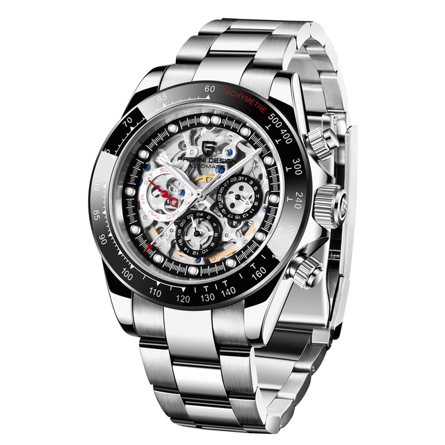 PAGANI DESIGN Men's Skeleton Automatic Watches Daytona Homage Stainless Steel Waterproof Wrist Watch with Sapphire Glass