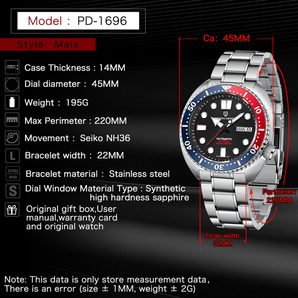 PAGANI DESIGN New Men's Automatic Watches Waterproof Stainless Steel Sea Turtle Homage Wrist Watches for Men Sport Watch with Silicone Watchband 1696