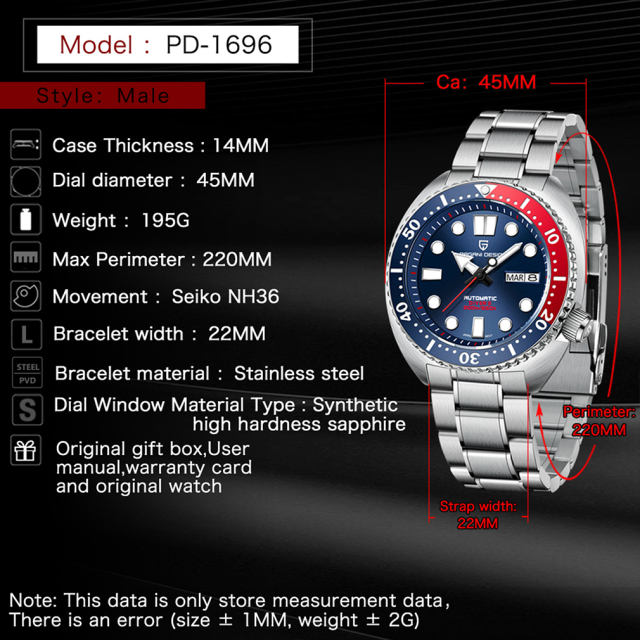 PAGANI DESIGN New Men's Automatic Watches Waterproof Stainless Steel Sea Turtle Homage Wrist Watches for Men Sport Watch with Silicone Watchband 1696