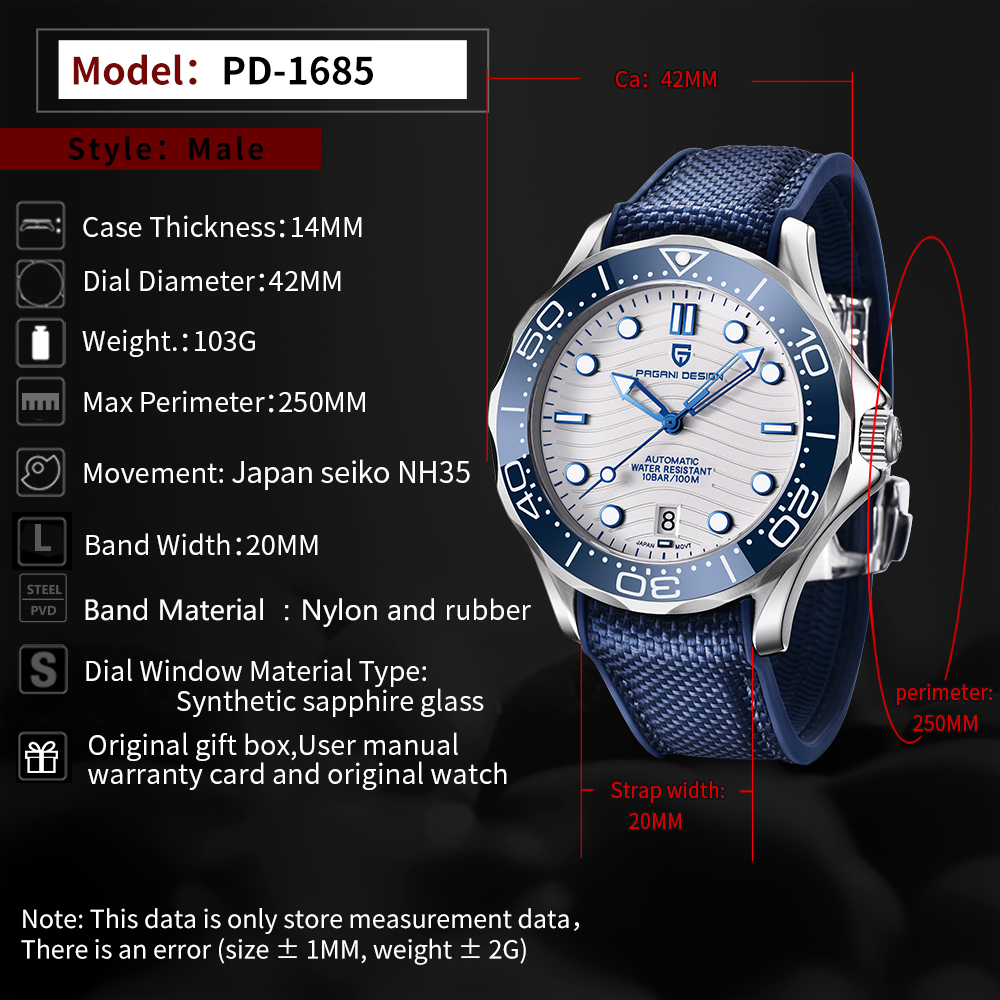 PAGANI DESIGN PD-1685 Men's Automatic Watches Stainless Steel Sports Wrist Watch for Men with Waves NH35A Movement Ceramic Bezel Rubber Strap 1685