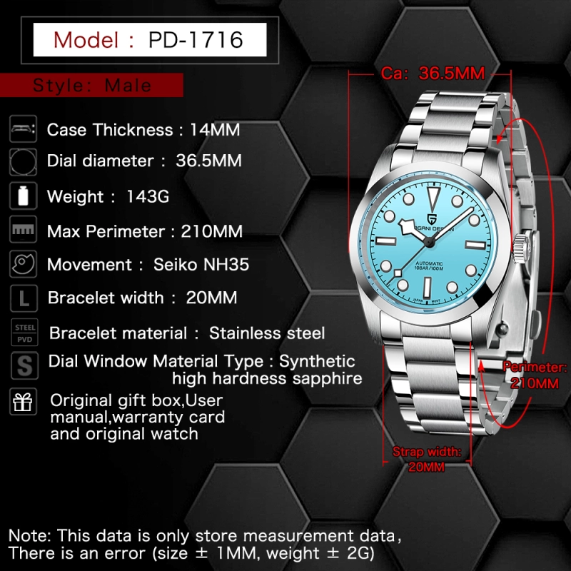 PAGANI DESIGN Men's Automatic Mechanical Watches with 37mm Case full Stainless Steel Waterproof Wrist Watches for Men SEIKO NH35A Movement