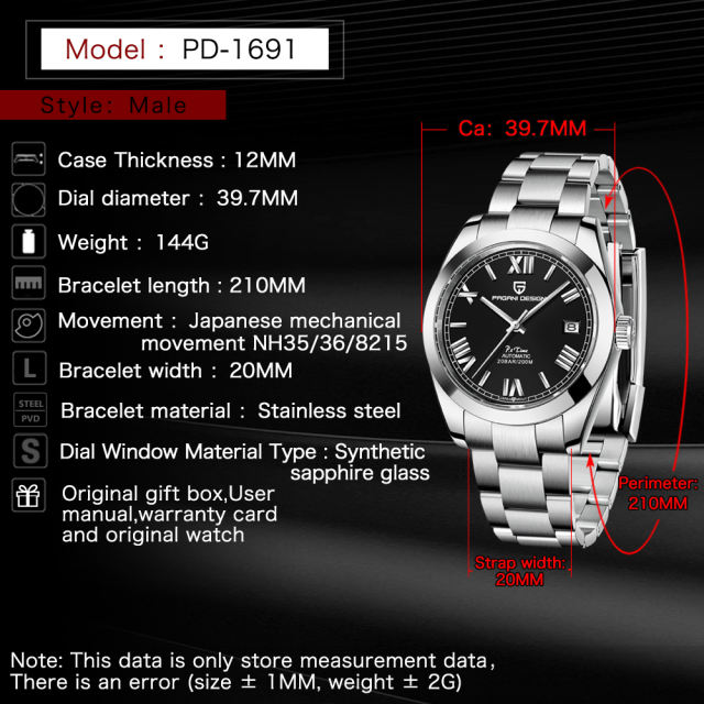 PAGANI DESIGN Casual Men's Automatic Mechanical Watches full Stainless Steel Waterproof Wrist Watches for Men PD 1691