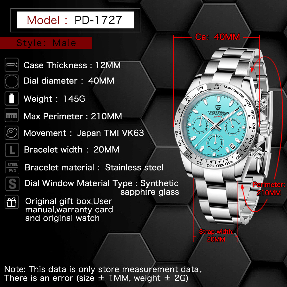 PAGANI DESIGN New Quartz Men's Watches full Stainless Steel Waterproof Chronograph Wrist Watch for Men SEIKO VK63 Movement PD1727