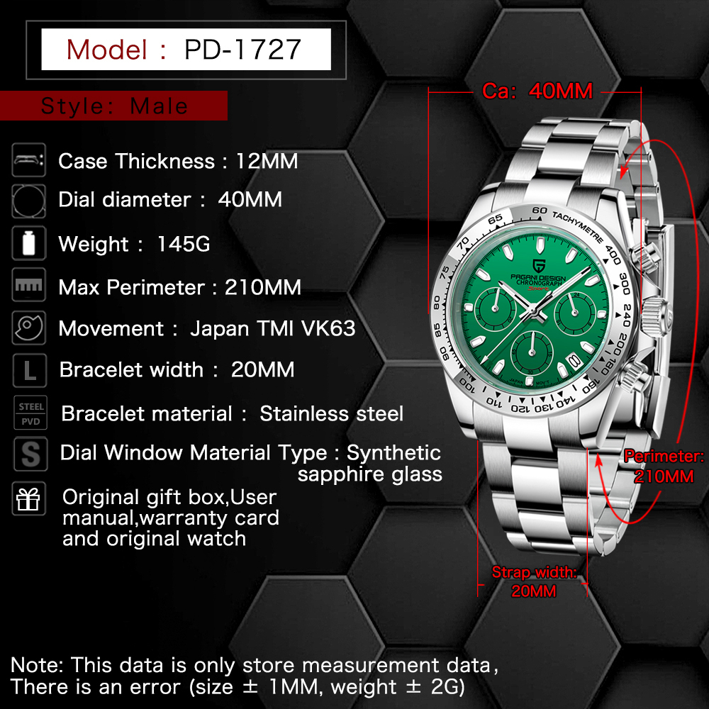 PAGANI DESIGN PD-1727 Quartz Men's Watches full Stainless Steel Waterproof Chronograph Wrist Watch for Men Japanese TMI VK63 Movement