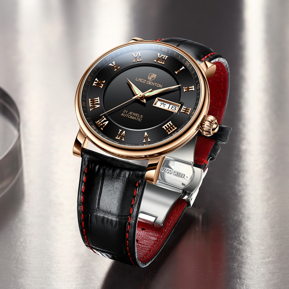 LACZ DENTON Men's Watches LD1308 Leather Waterproof Stainless Steel Business Wrist Watches for Men