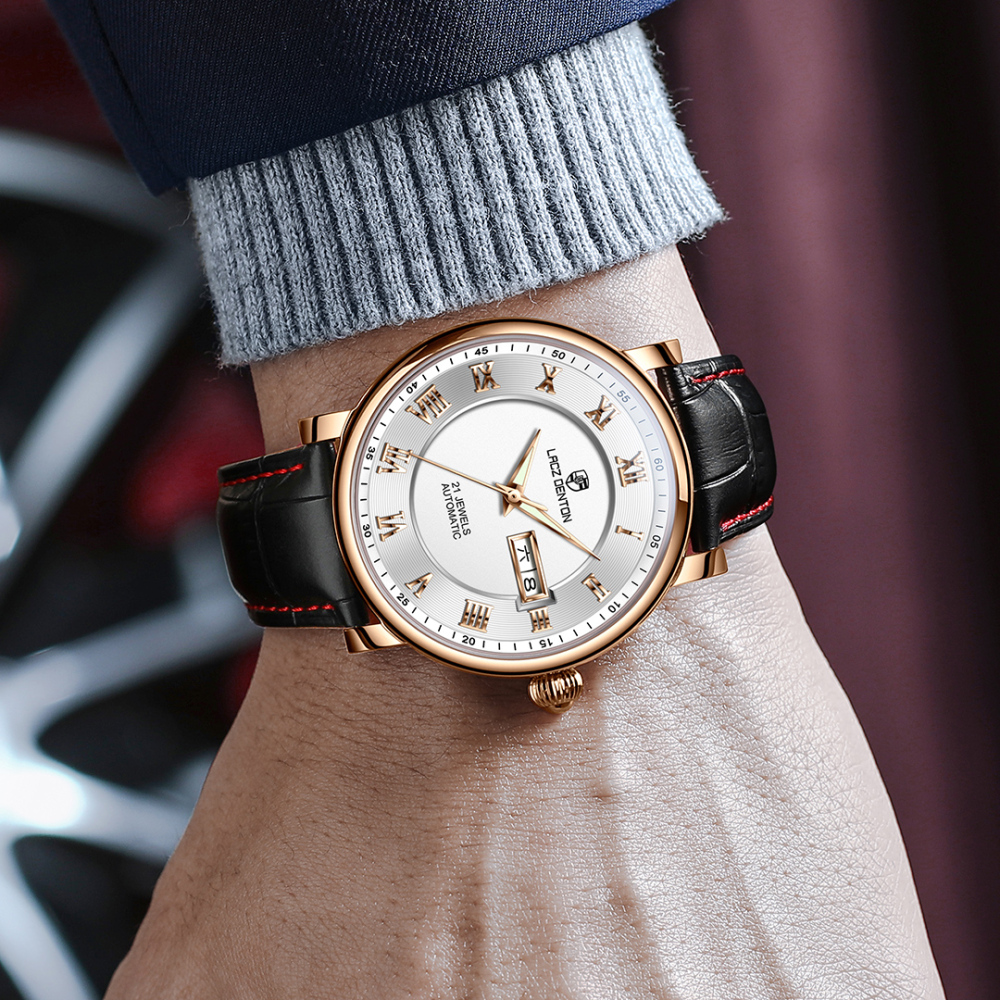 LACZ DENTON Men's Watches LD1308 Leather Waterproof Stainless Steel Business Wrist Watches for Men