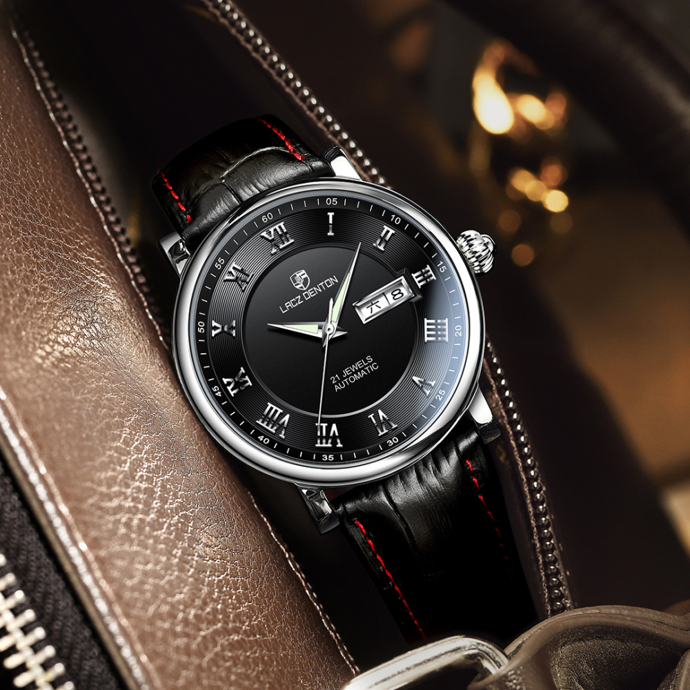 LACZ DENTON Men's Watches LD1308 Leather Waterproof Stainless Steel Business Wrist Watches for Men