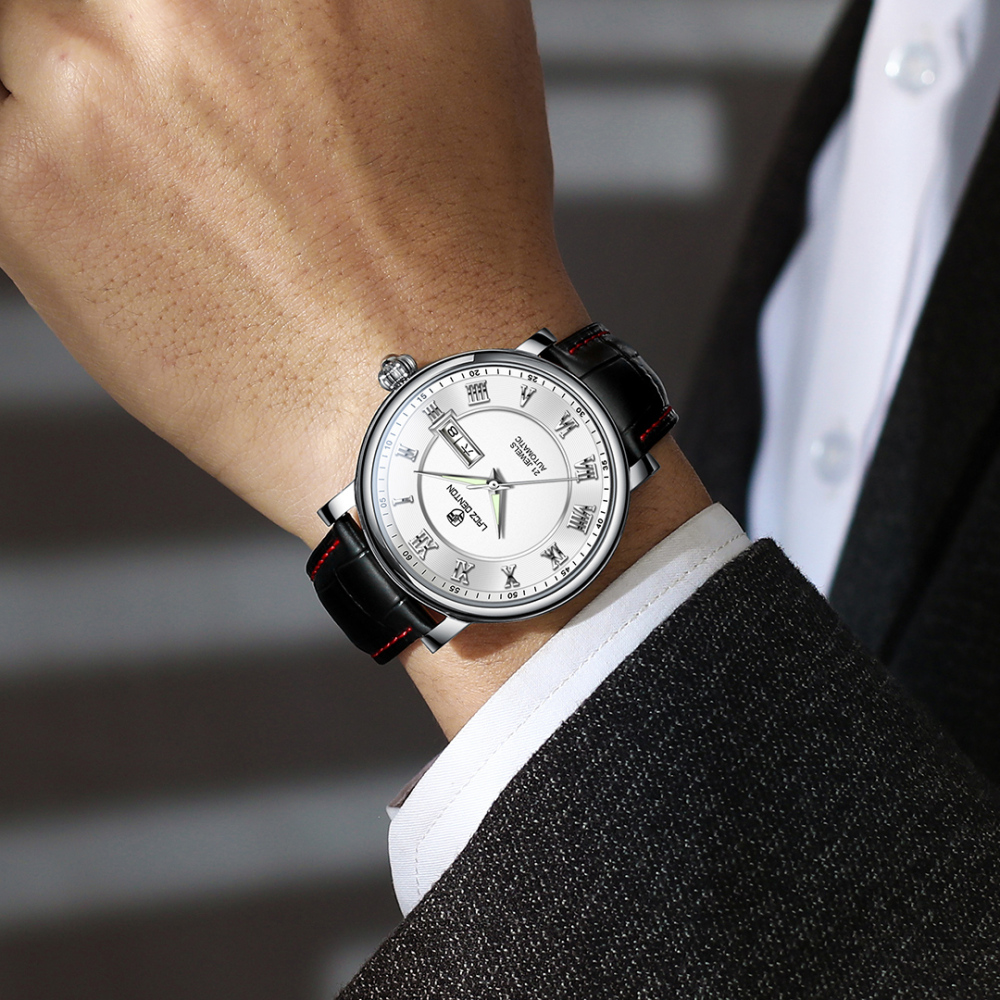 LACZ DENTON Men's Watches LD1308 Leather Waterproof Stainless Steel Business Wrist Watches for Men