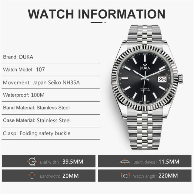 DUKA Men's Watches DK107 Stainless Steel Automatic Mechanical Wrist Watches with Jubilee Bracelet