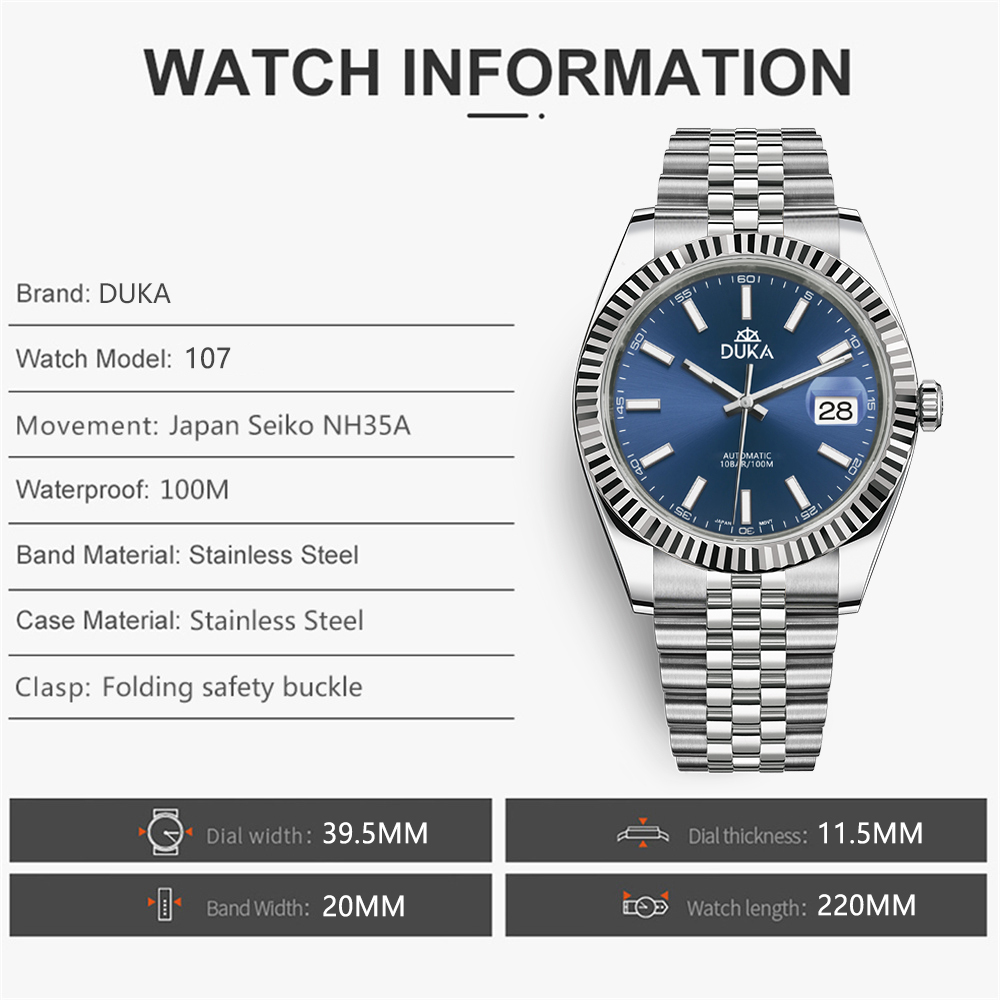 DUKA Men's Watches DK107 Stainless Steel Automatic Mechanical Wrist Watches with Jubilee Bracelet