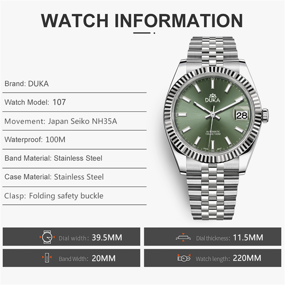 DUKA Men's Watches DK107 Stainless Steel Automatic Mechanical Wrist Watches with Jubilee Bracelet
