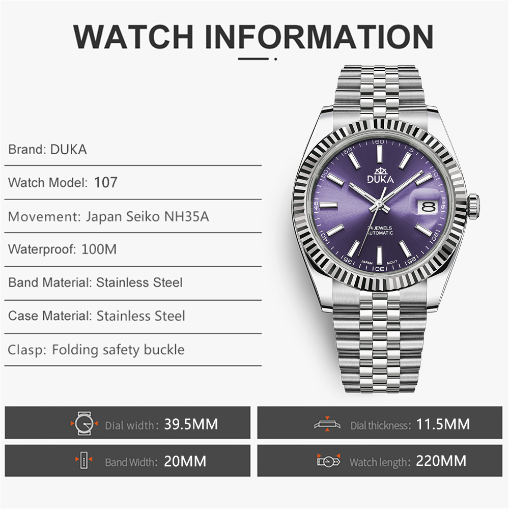 DUKA Men's Watches DK107 Stainless Steel Automatic Mechanical Wrist Watches with Jubilee Bracelet