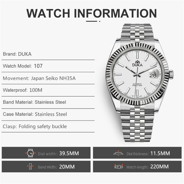 DUKA Men's Watches DK107 Stainless Steel Automatic Mechanical Wrist Watches with Jubilee Bracelet