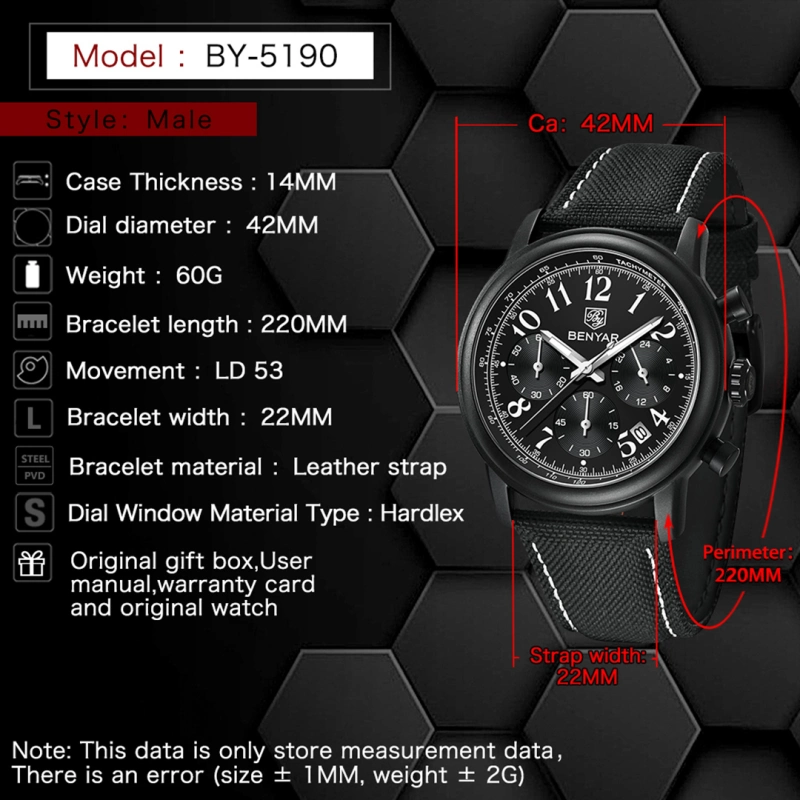 BENYAR New Quartz Men's Watches Brown Leather Watchband Chronograph Business Wrist Watches for Men Auto Date Clock Waterproof Wristwatches
