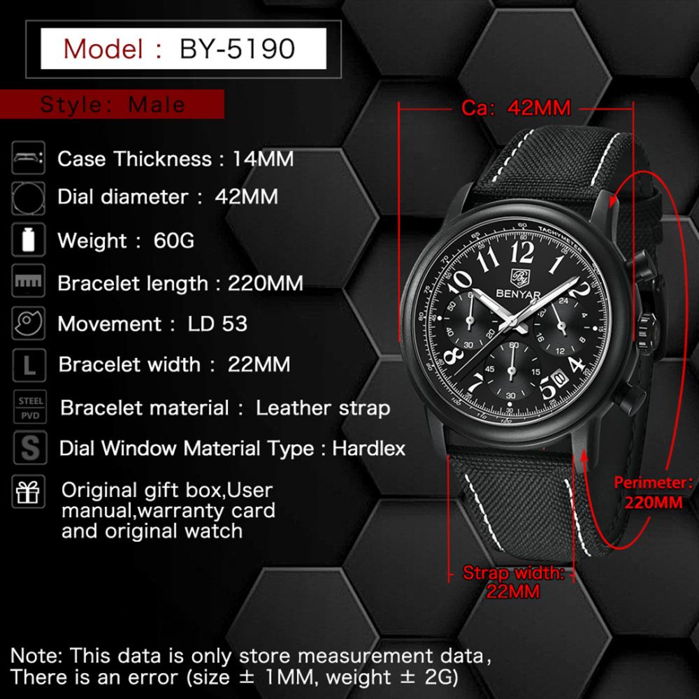 BENYAR New Quartz Men's Watches Brown Leather Watchband Chronograph Business Wrist Watches for Men Auto Date Clock Waterproof Wristwatches