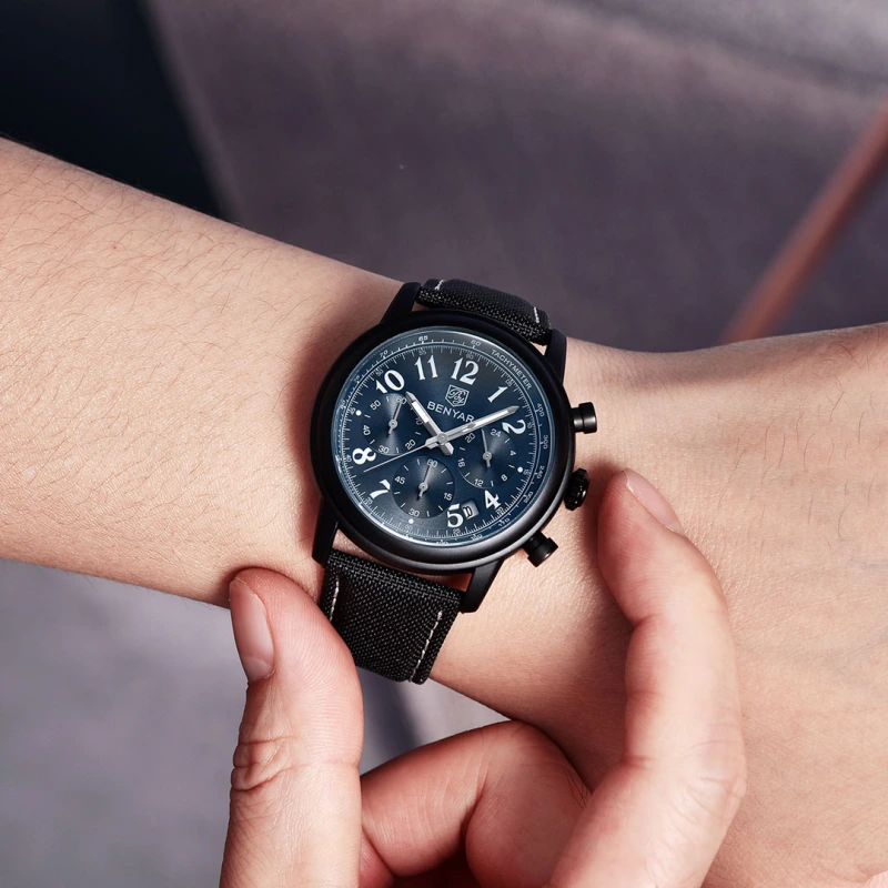 BENYAR New Quartz Men's Watches Brown Leather Watchband Chronograph Business Wrist Watches for Men Auto Date Clock Waterproof Wristwatches