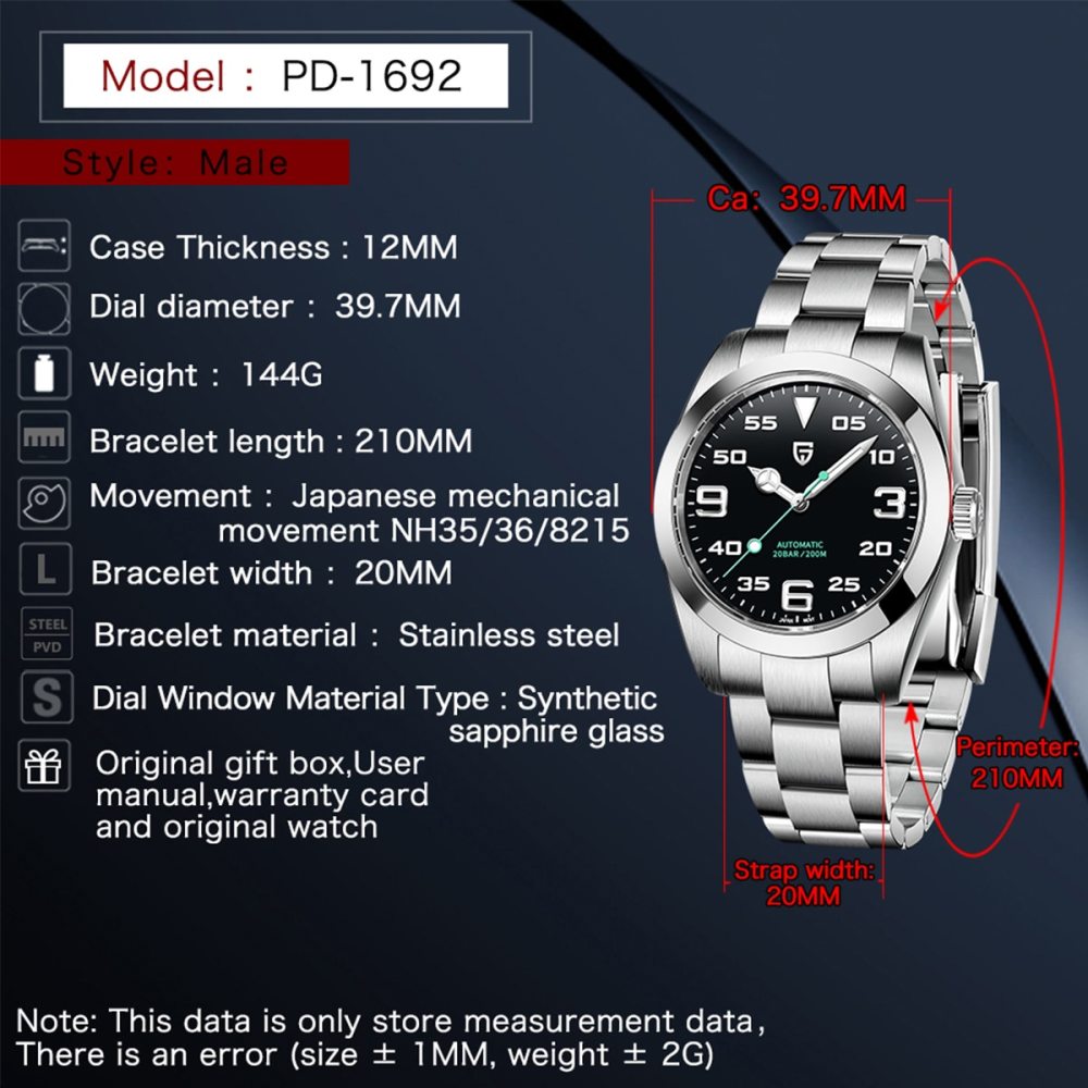 PAGANI DESIGN Men's Automatic Watches 40MM Stainless Steel Homage Mechanical Wristwatches Sapphire Glass AR Coated Watches 20bar Waterproof