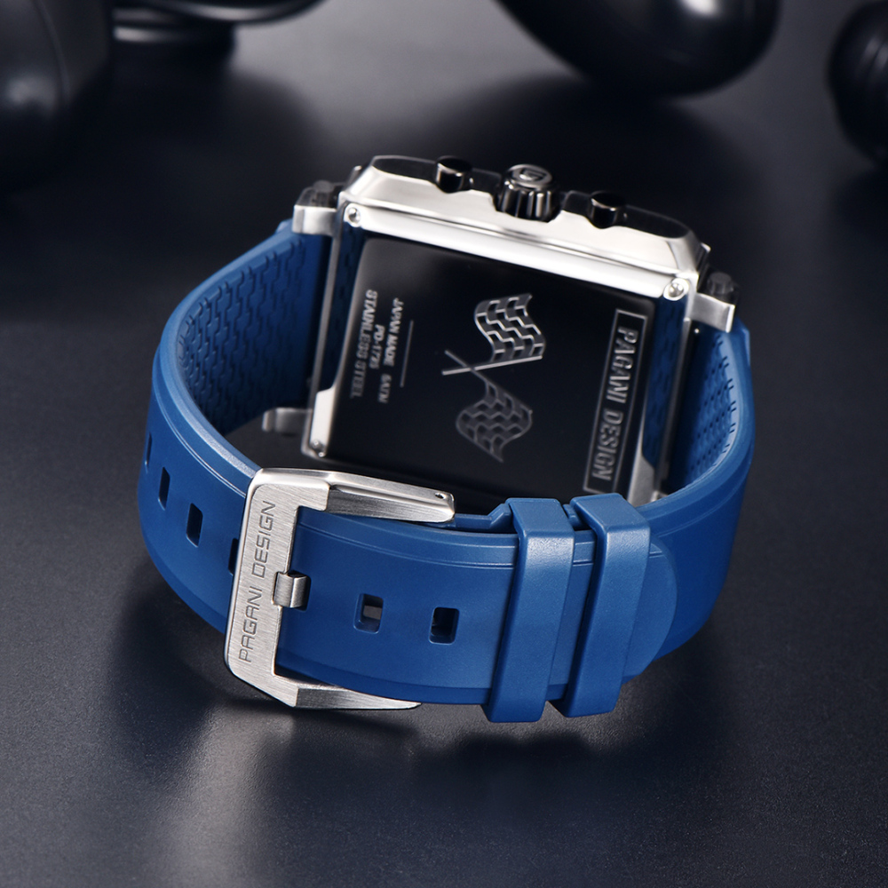 PAGANI DESIGN Men's Quartz Watches Rectangle Stainless Steel Waterproof Sports Wrist Watches VK64 Chronograph Movement PD1725 Silicone Watchband