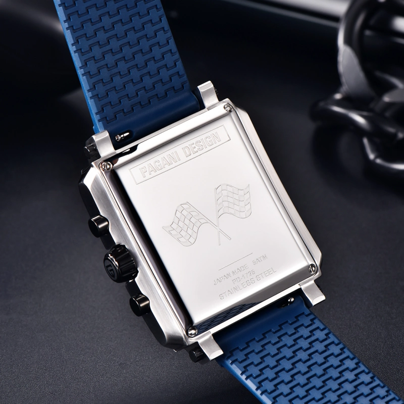 PAGANI DESIGN Men's Quartz Watches Rectangle Stainless Steel Waterproof Sports Wrist Watches VK64 Chronograph Movement PD1725 Silicone Watchband
