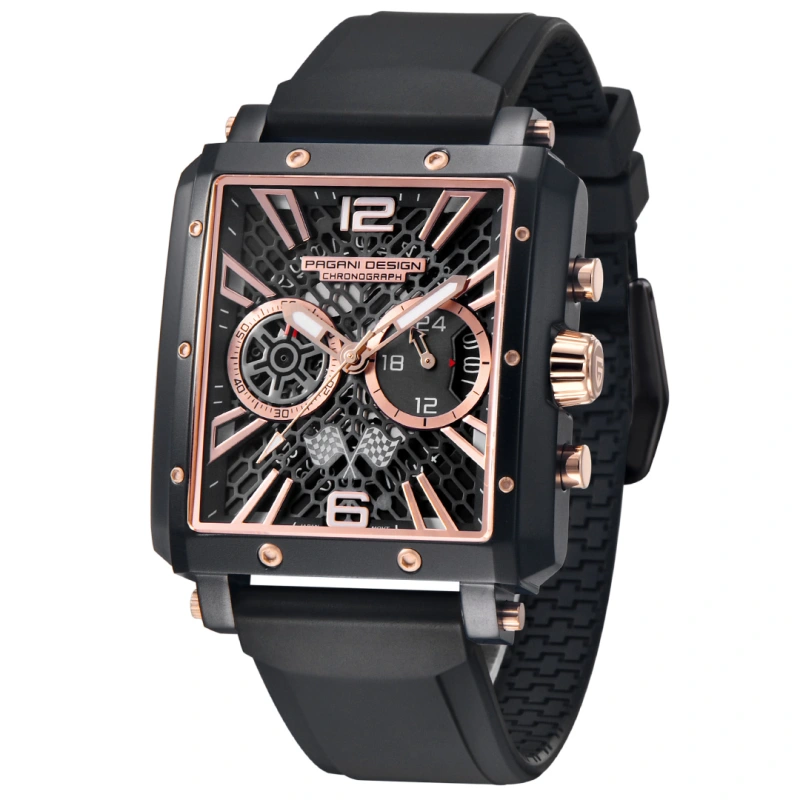 PAGANI DESIGN PD-1725 Men's Quartz Watches Rectangle Stainless Steel Waterproof Sports Wrist Watches VK64 Chronograph Movement Silicone Watchband