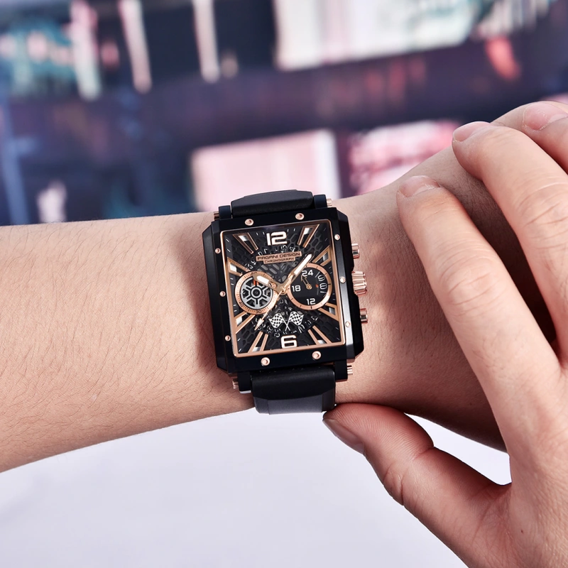PAGANI DESIGN Men's Quartz Watches Rectangle Stainless Steel Waterproof Sports Wrist Watches VK64 Chronograph Movement PD1725 Silicone Watchband