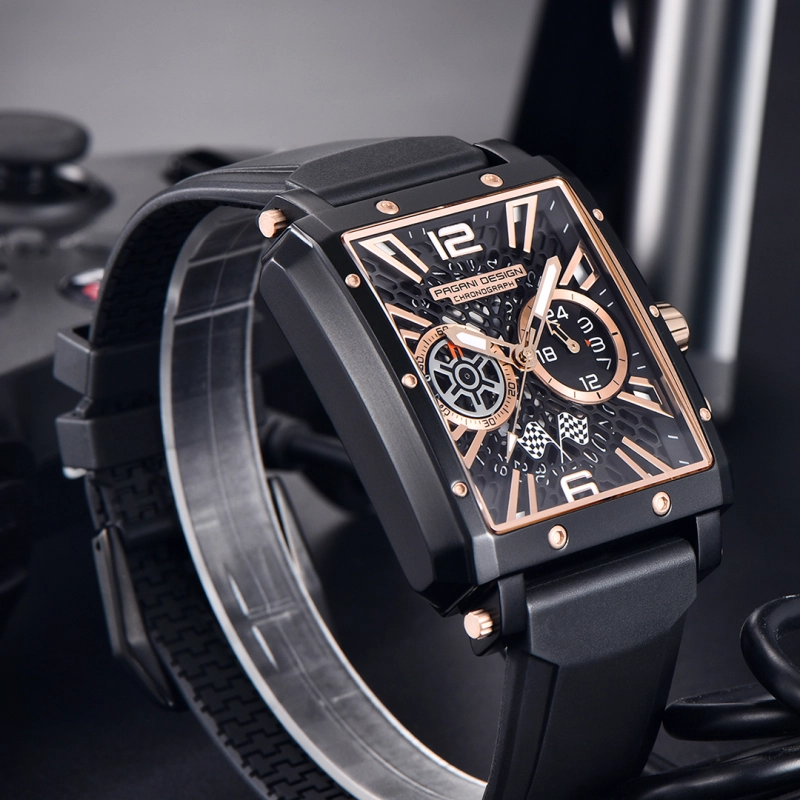 PAGANI DESIGN PD-1725 Men's Quartz Watches Rectangle Stainless Steel Waterproof Sports Wrist Watches VK64 Chronograph Movement Silicone Watchband