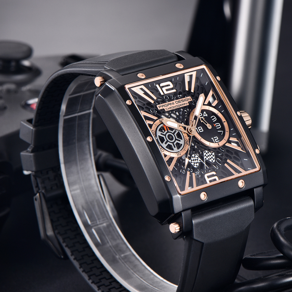 PAGANI DESIGN PD-1725 Men's Quartz Watches Rectangle Stainless Steel Waterproof Sports Wrist Watches VK64 Chronograph Movement Silicone Watchband