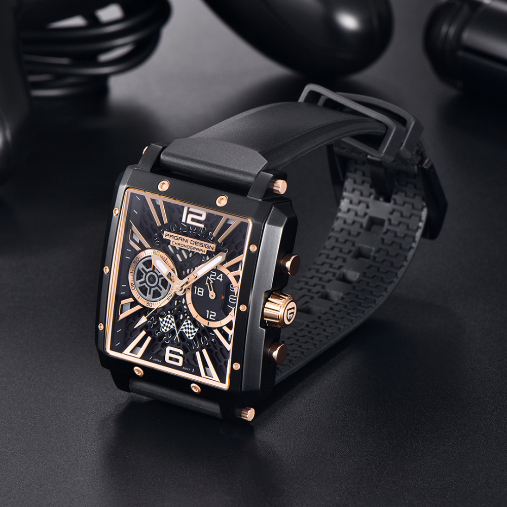 PAGANI DESIGN Men's Quartz Watches Rectangle Stainless Steel Waterproof Sports Wrist Watches VK64 Chronograph Movement PD1725 Silicone Watchband