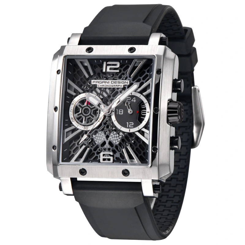 PAGANI DESIGN PD-1725 Men's Quartz Watches Rectangle Stainless Steel Waterproof Sports Wrist Watches VK64 Chronograph Movement Silicone Watchband