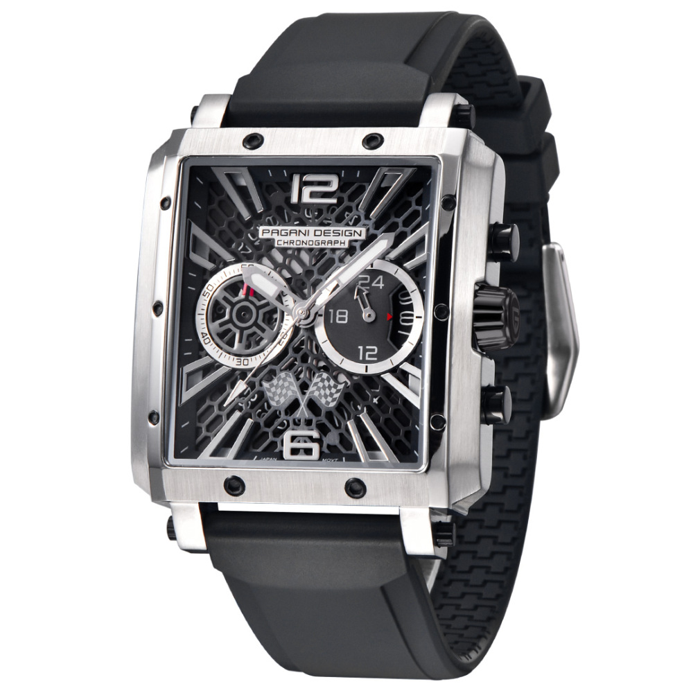 PAGANI DESIGN PD-1725 Men's Quartz Watches Rectangle Stainless Steel Waterproof Sports Wrist Watches VK64 Chronograph Movement Silicone Watchband