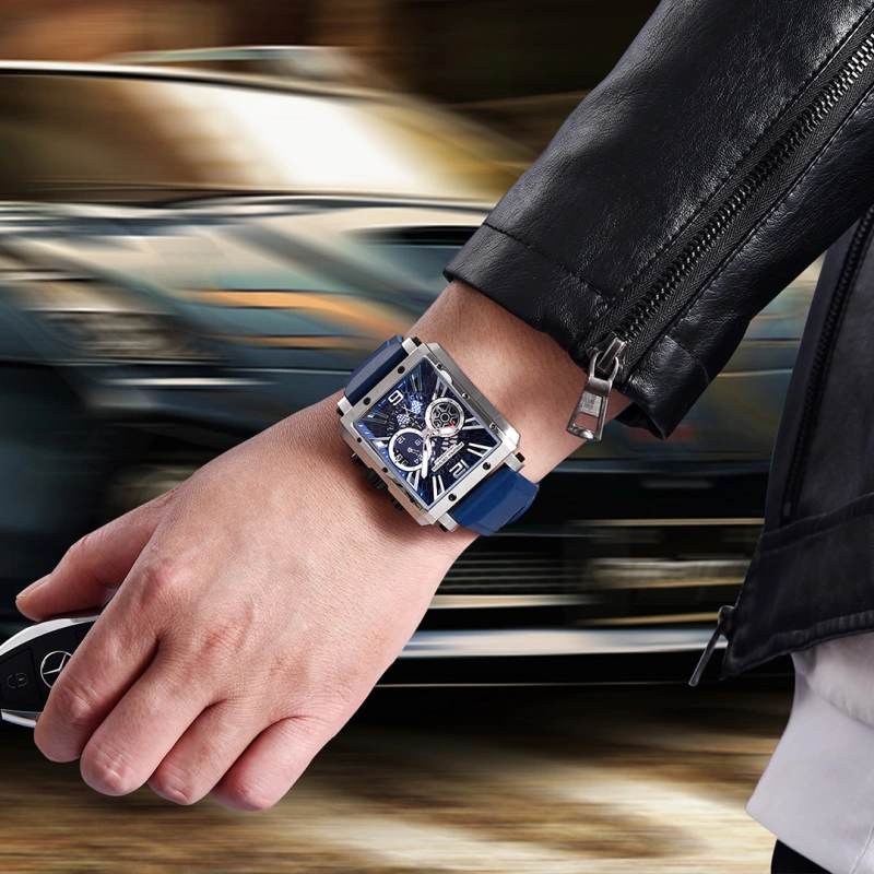 PAGANI DESIGN Men's Quartz Watches Rectangle Stainless Steel Waterproof Sports Wrist Watches VK64 Chronograph Movement PD1725 Silicone Watchband