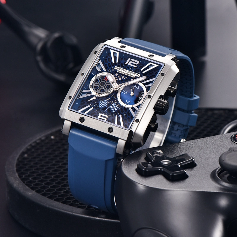 PAGANI DESIGN Men's Quartz Watches Rectangle Stainless Steel Waterproof Sports Wrist Watches VK64 Chronograph Movement PD1725 Silicone Watchband