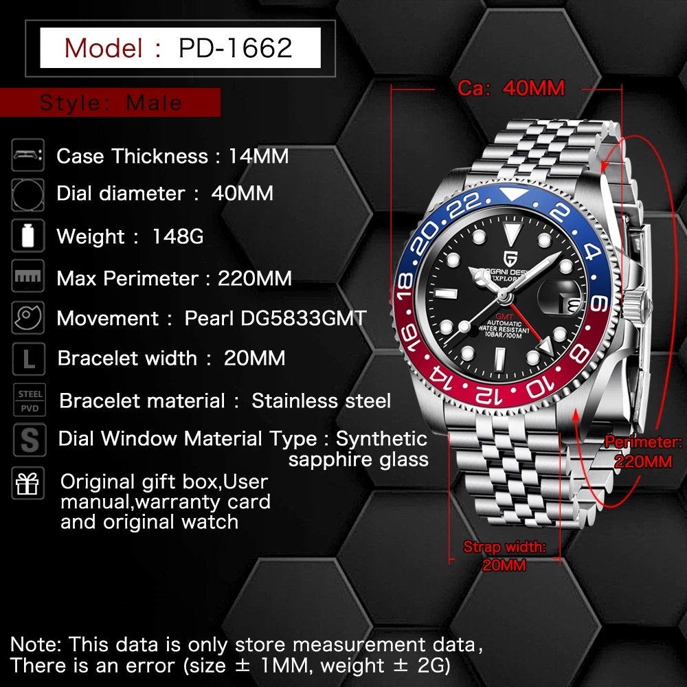 PAGANI DESIGN PD-1662 Men's Watches Automatic NH34 GMT New Stainless Steel Mechanical Waterproof Wrist Watch for Men Synthetic Sapphire Dial Glass PD1662
