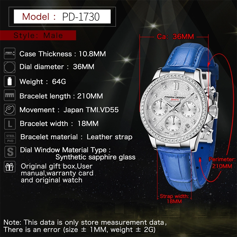 PAGANI DESIGN Women's Watches 36mm Chronograph Quartz Stainless Steel Waterproof Wrist Watch for Men Leather Watchband