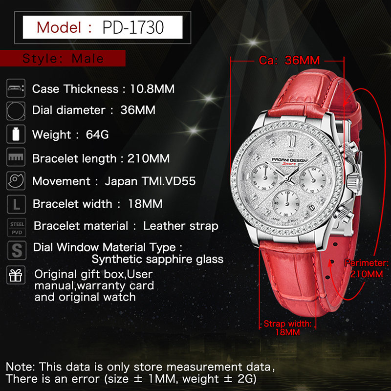 PAGANI DESIGN PD-1730 Women's Watches 36mm Chronograph Quartz Stainless Steel Waterproof Wrist Watch for Women Leather Watchband