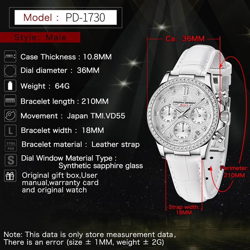 PAGANI DESIGN PD-1730 Women's Watches 36mm Chronograph Quartz Stainless Steel Waterproof Wrist Watch for Women Leather Watchband