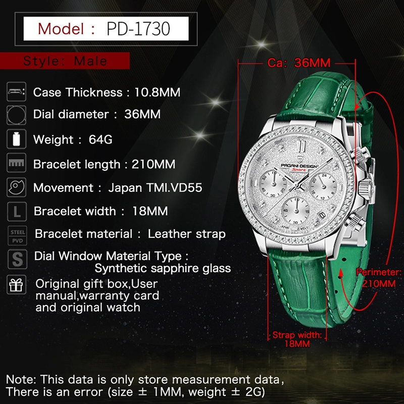 PAGANI DESIGN PD-1730 Women's Watches 36mm Chronograph Quartz Stainless Steel Waterproof Wrist Watch for Women Leather Watchband