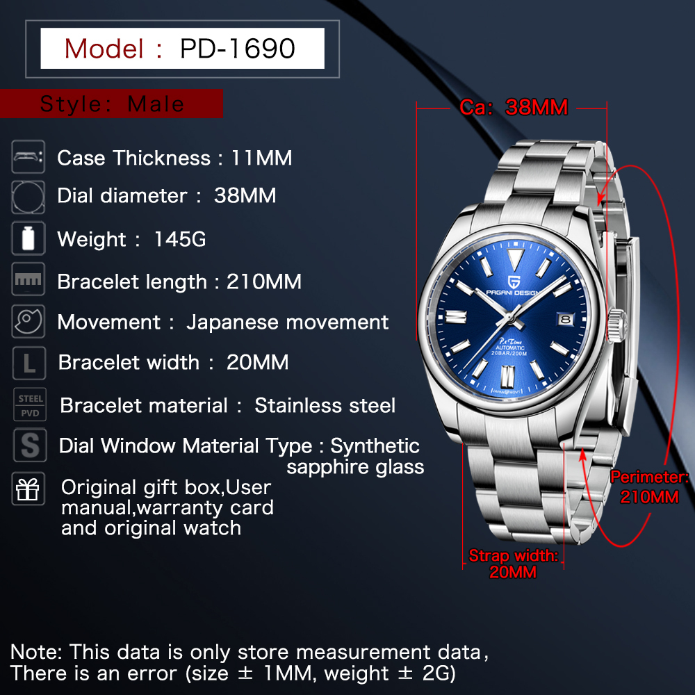 PAGANI DESIGN PD-1690 Men's Watch Automatic Mechanical 38mm Stainless Steel Simple Wristwatch Japanese Sports Luxury Sapphire Glass Clock
