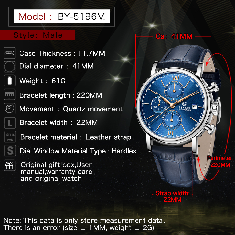 BENYAR Men's Quartz Watches 41mm Chronograph Leather Sports Auto Date Wrist Watch for Men BY5196M