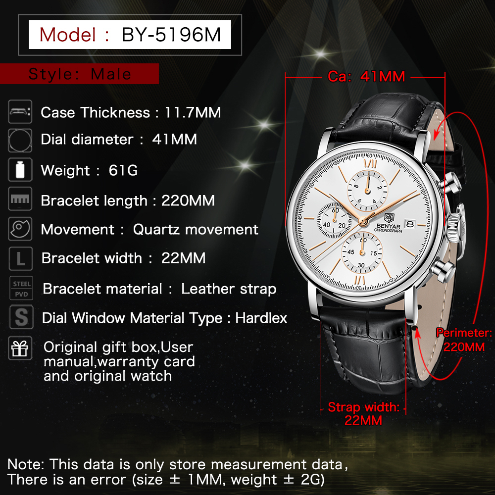 BENYAR Men's Quartz Watches 41mm Chronograph Leather Sports Auto Date Wrist Watch for Men BY5196M