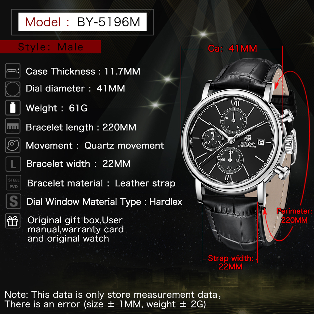 BENYAR Men's Quartz Watches 41mm Chronograph Leather Sports Auto Date Wrist Watch for Men BY5196M