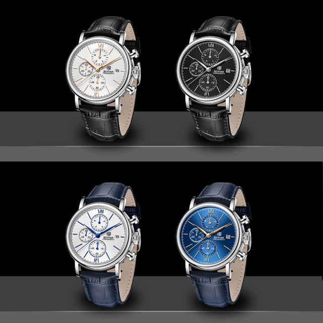 BENYAR Men's Quartz Watches 41mm Chronograph Leather Sports Auto Date Wrist Watch for Men BY5196M