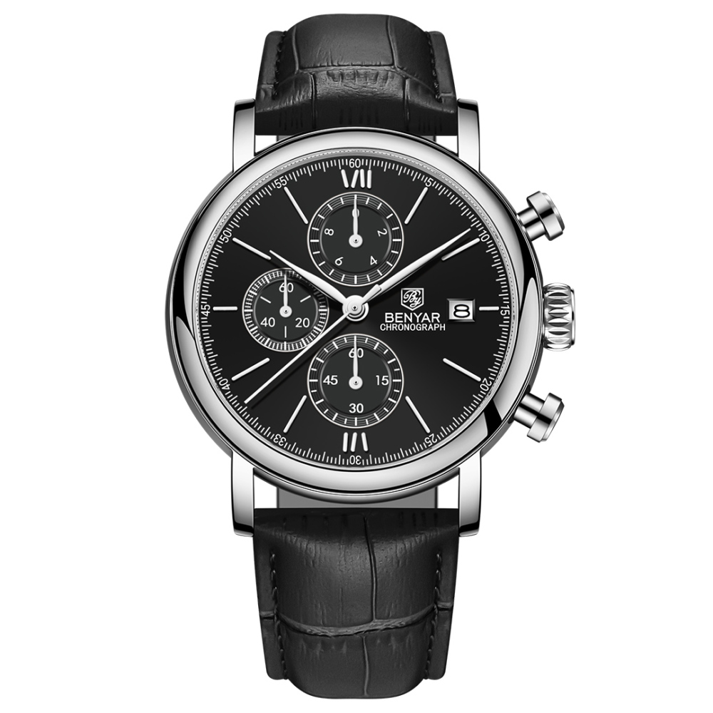 BENYAR Men's Quartz Watches 41mm Chronograph Leather Sports Auto Date Wrist Watch for Men BY5196M