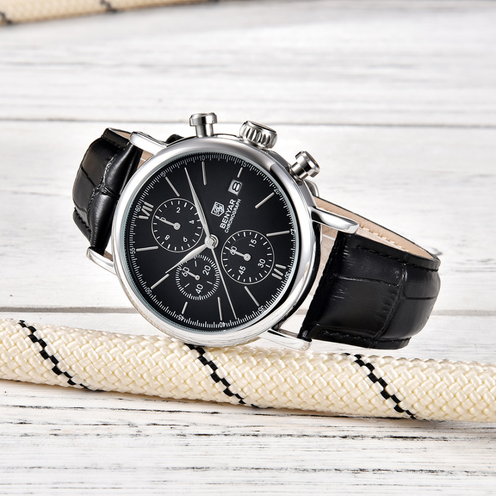 BENYAR Men's Quartz Watches 41mm Chronograph Leather Sports Auto Date Wrist Watch for Men BY5196M