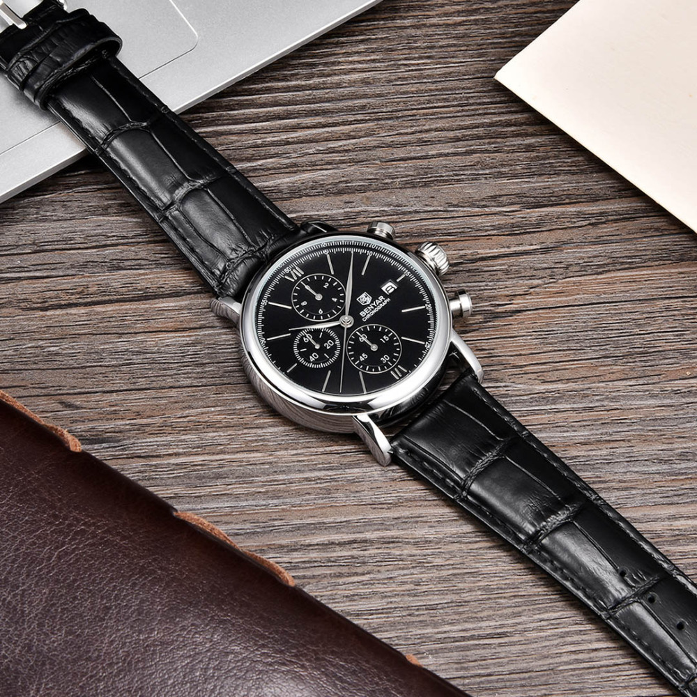 BENYAR Men's Quartz Watches 41mm Chronograph Leather Sports Auto Date Wrist Watch for Men BY5196M