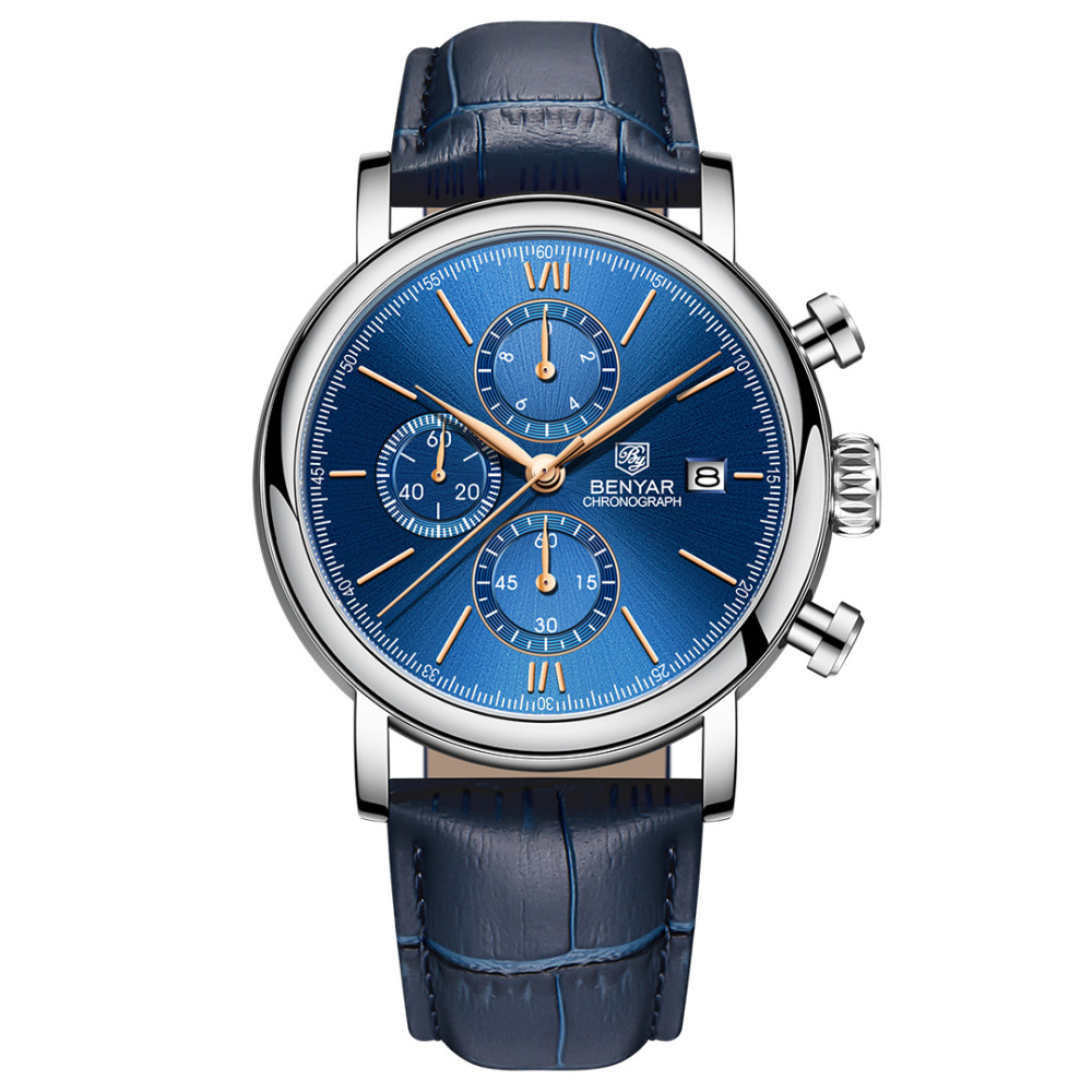 BENYAR Men's Quartz Watches 41mm Chronograph Leather Sports Auto Date Wrist Watch for Men BY5196M